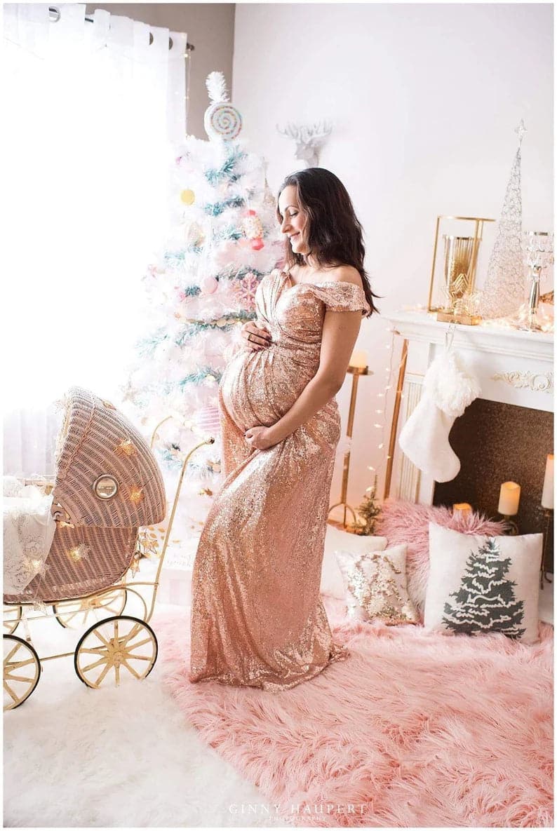 Gold Sequin Maternity Gown Photoshoot