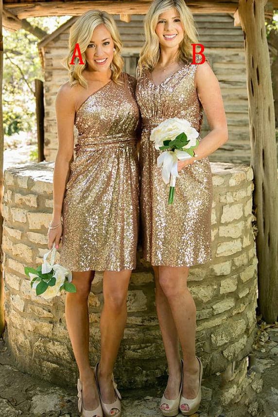 Gold Sequins Short Bridesmaid Dress VMB49