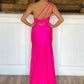 Hot Pink One Shoulder Satin Formal Dress With Slit VMP105