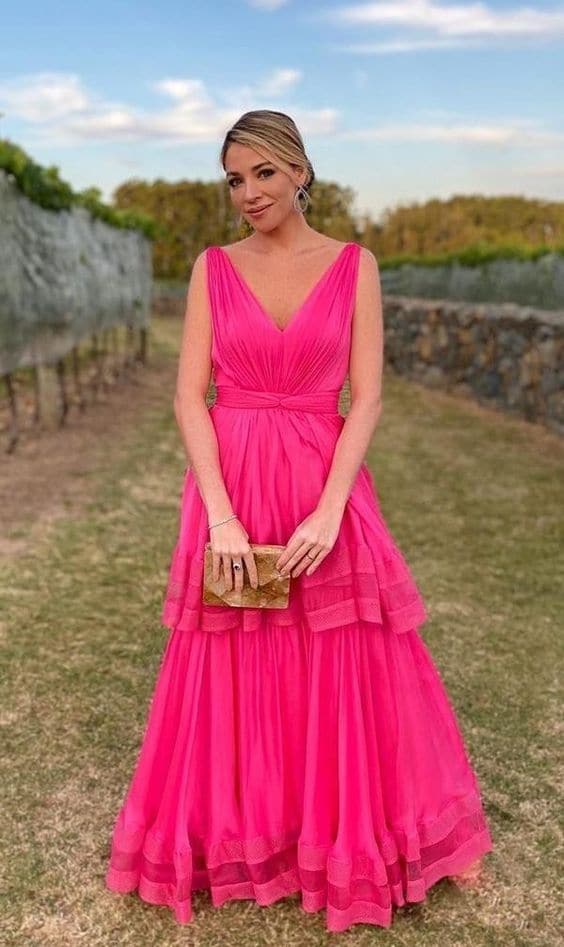 Robes de bal rose vif en mousseline de soie deux couches robes de soirée VMP35