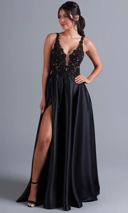 Lace Bodice Long Black A Line Prom Dress VMP75
