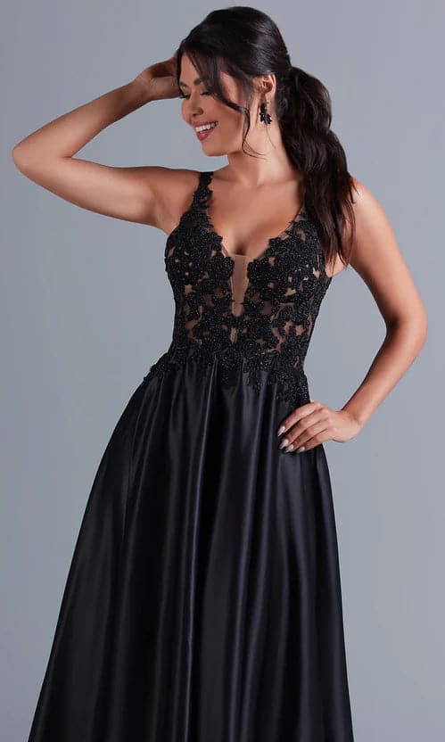 Lace Bodice Long Black A Line Prom Dress VMP75
