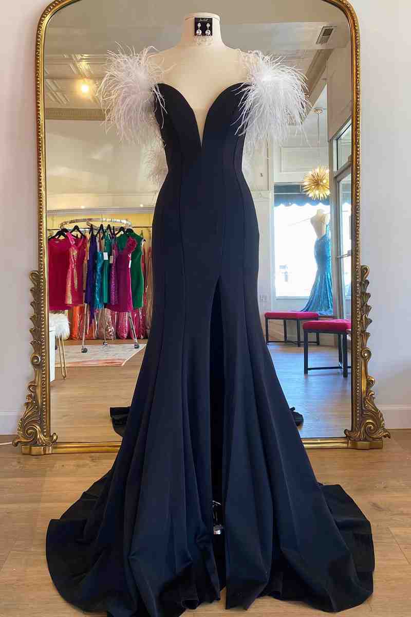 High Slit Prom Dress With White Feather VMP117
