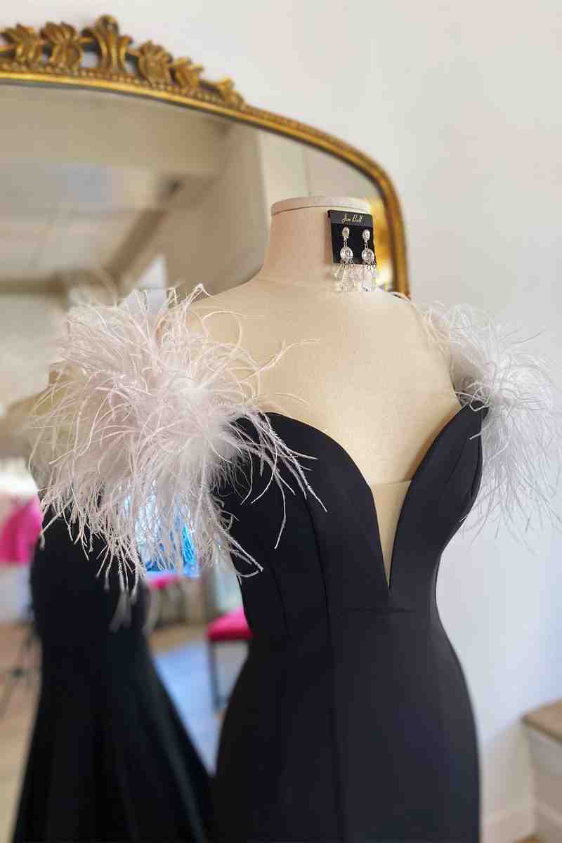 High Slit Prom Dress With White Feather VMP117