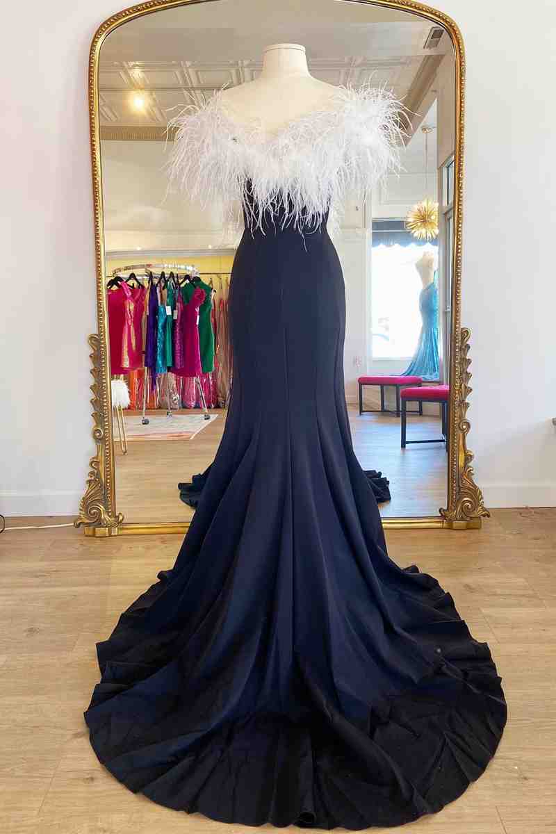 High Slit Prom Dress With White Feather VMP117