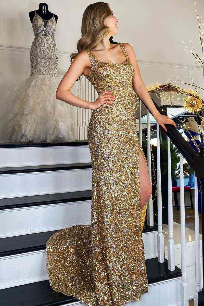 Square Neck Prom Dress With High Slit VMP149