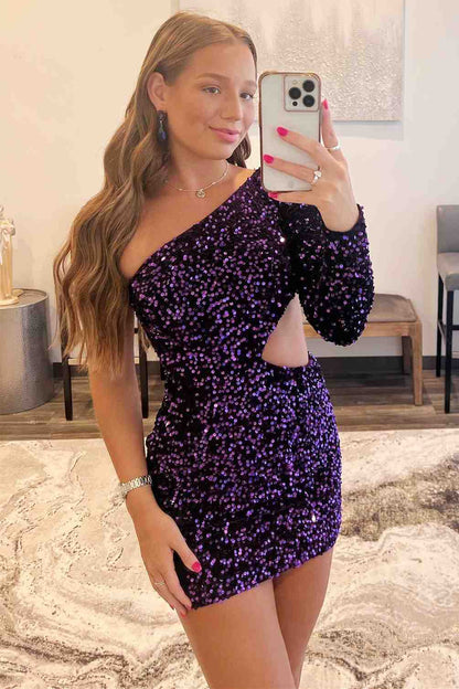 One Shoulder Purple Bodycon Homecoming Dress VMH34