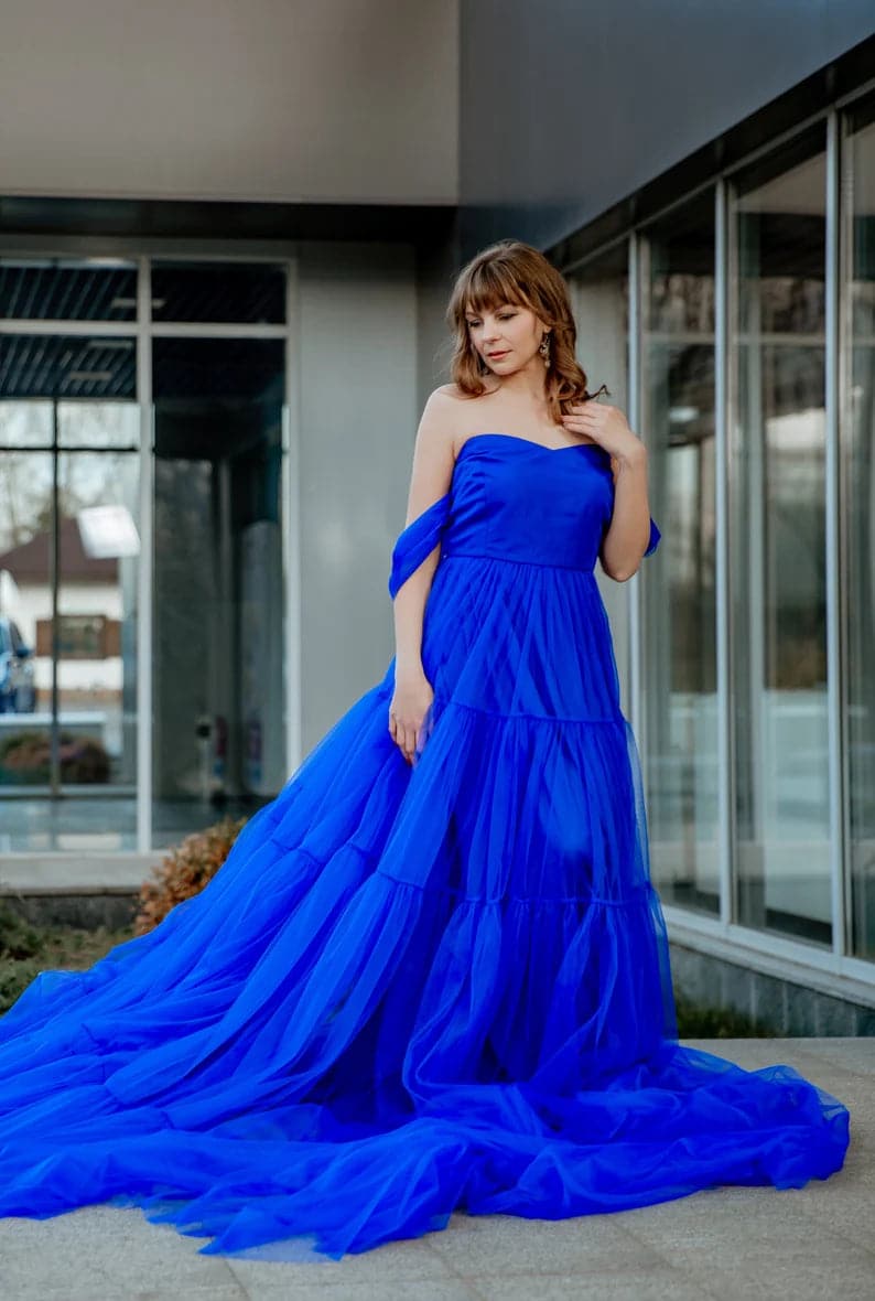 Royal blue long tulle dress with train