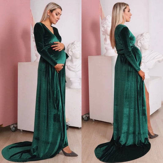 Robe en velours vert émeraude avec traine