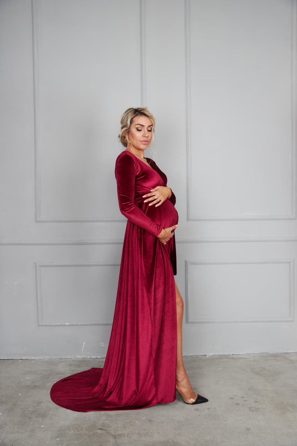 Robe en velours vert émeraude avec traine