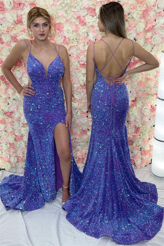 Robe de bal sirène à lacets dans le dos et paillettes avec fente VMP142