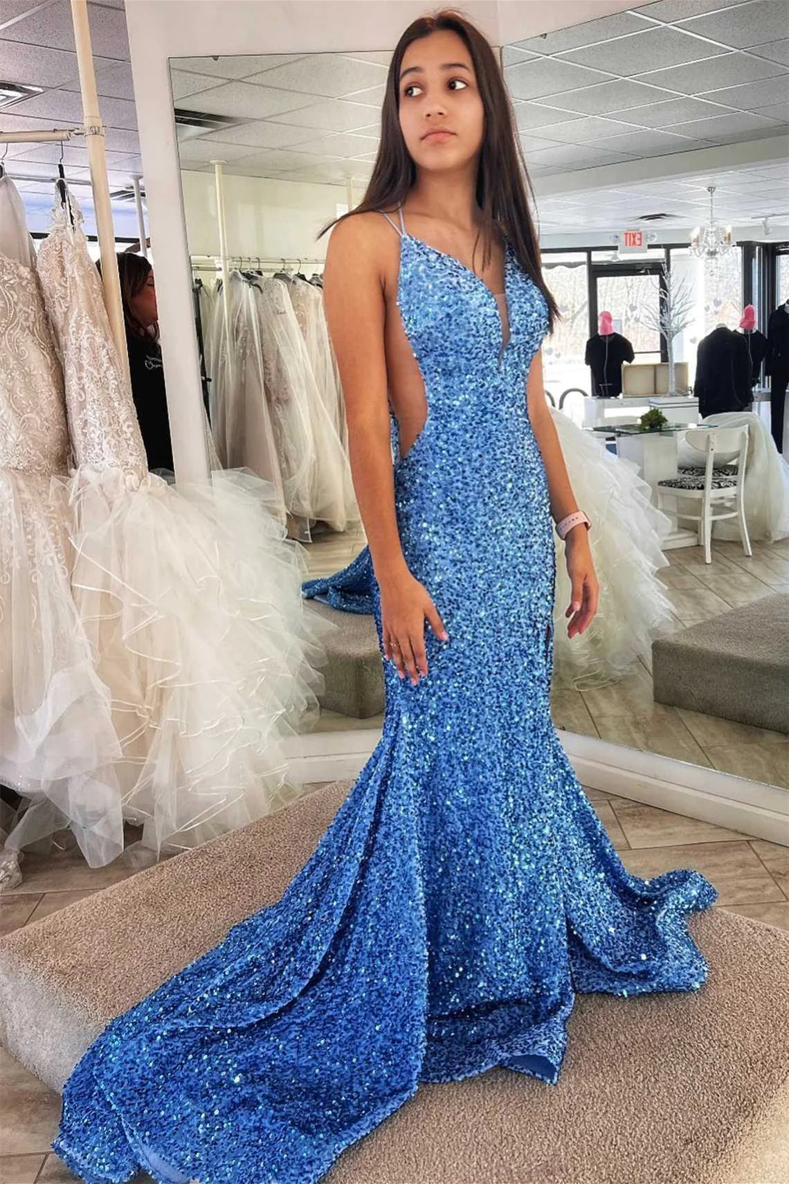 Mermaid Lace-Up Back Sequins Prom Dress With Slit VMP142