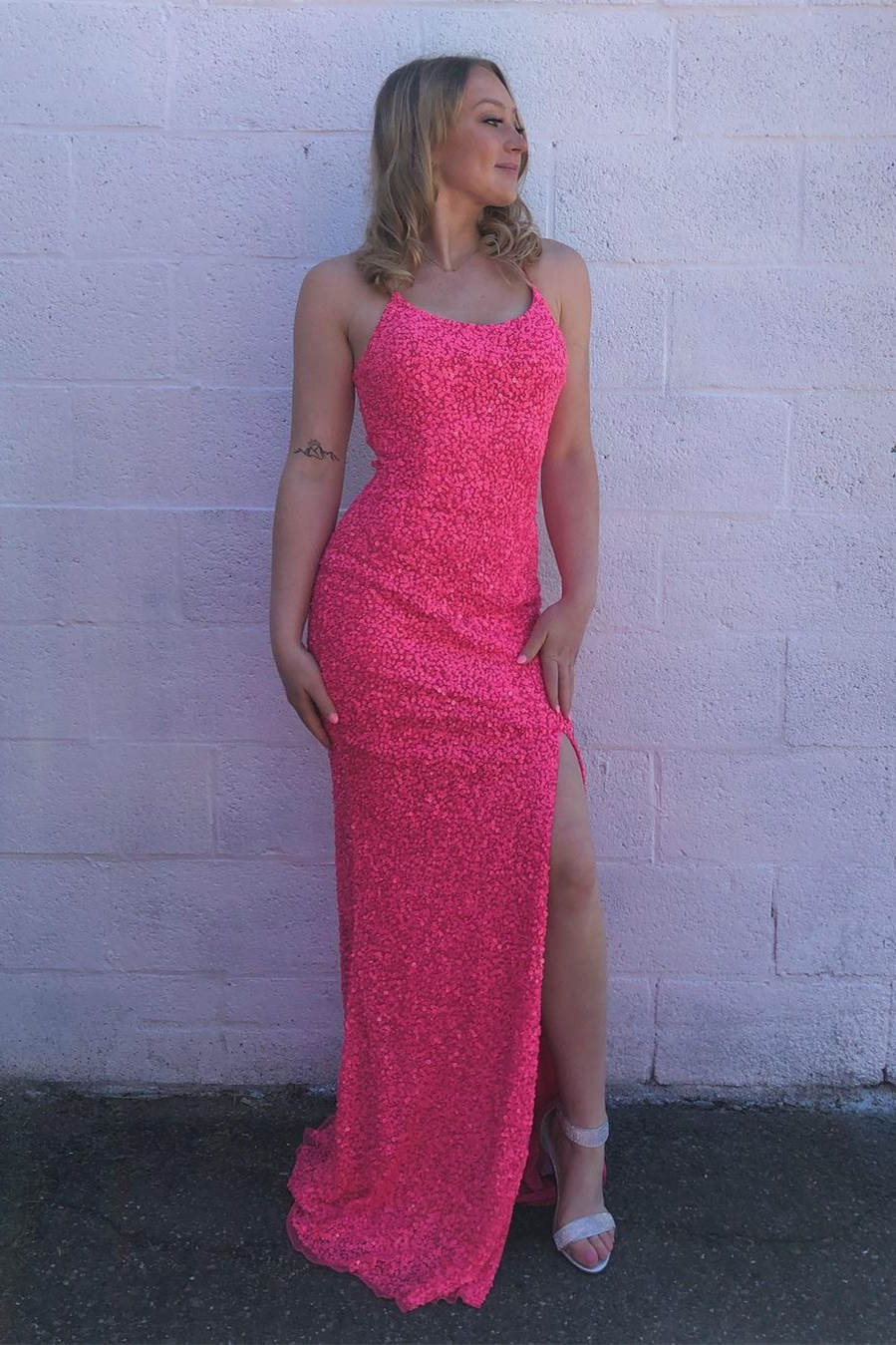 Mermaid Hot Pink Sequined Pom Dress with Slit VMP92