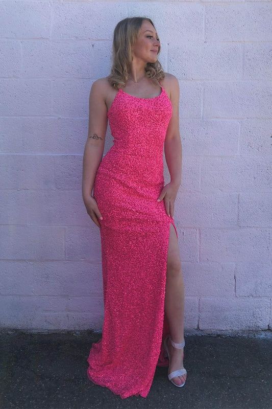Robe sirène à paillettes rose vif avec fente VMP92