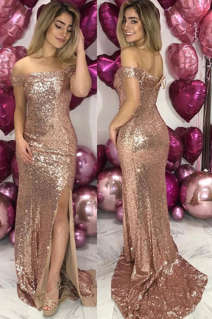 Robe de soirée à paillettes dorées et épaules dénudées avec fente VMP89