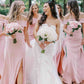 Off the Shoulder Pink Bridesmaid Dress with Slit VMB75