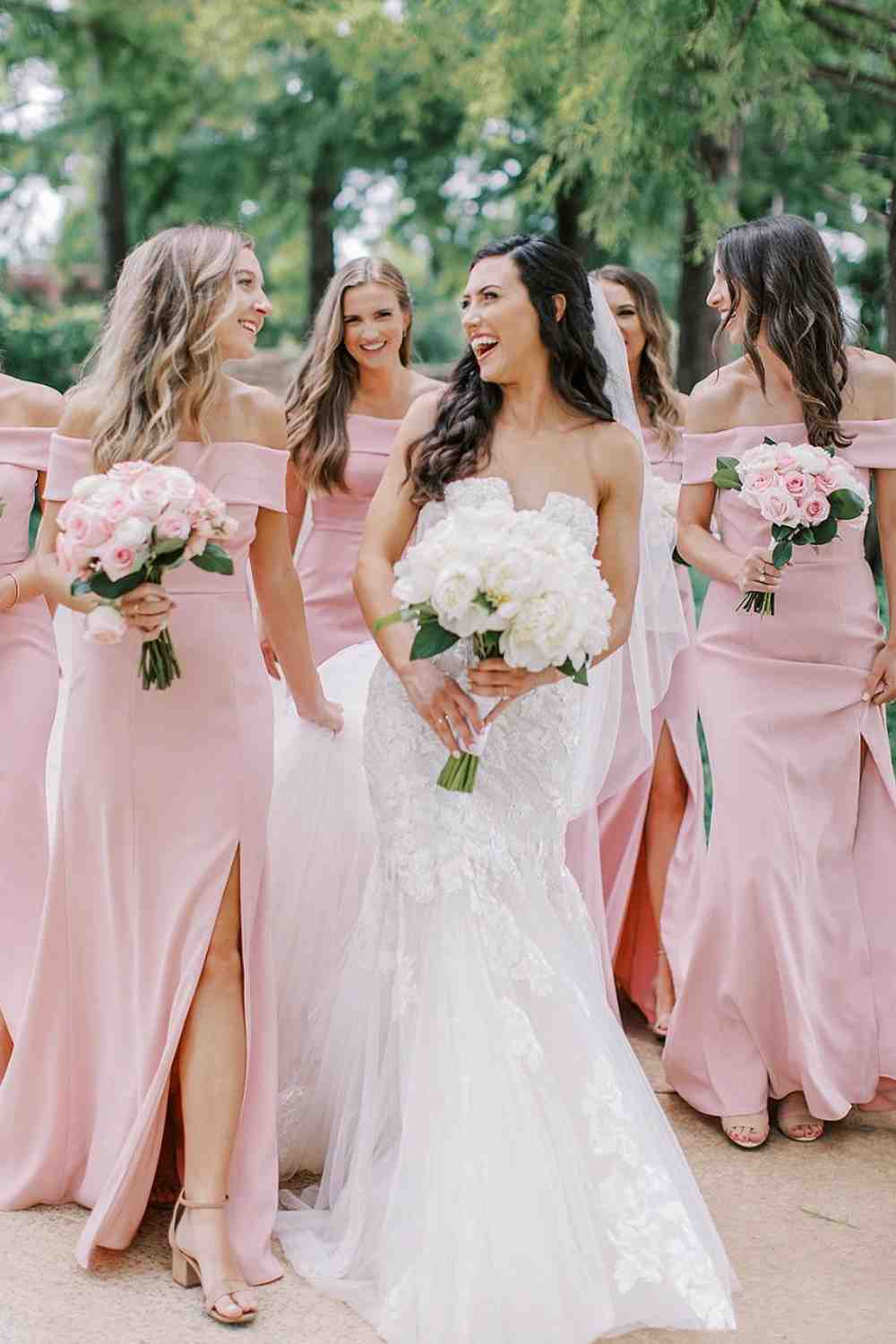 Off the Shoulder Pink Bridesmaid Dress with Slit VMB75