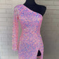 Long Sleeve Sequined Hot Pink Homecoming Dress VMH18