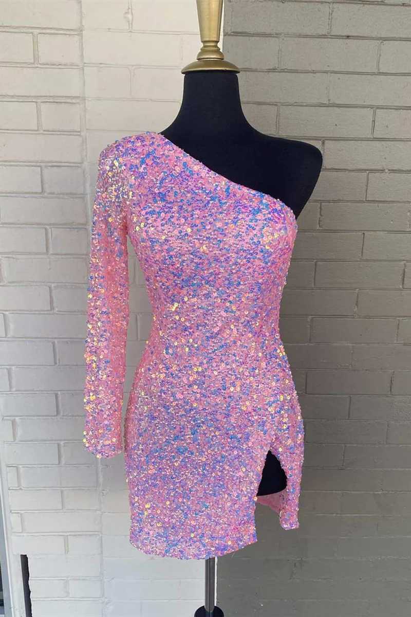 Long Sleeve Sequined Hot Pink Homecoming Dress VMH18
