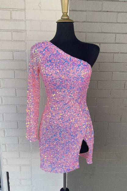 Long Sleeve Sequined Hot Pink Homecoming Dress VMH18