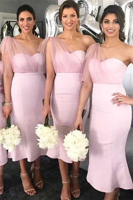 Pink Tea Length Mermaid Bridesmaid Dress VMB64