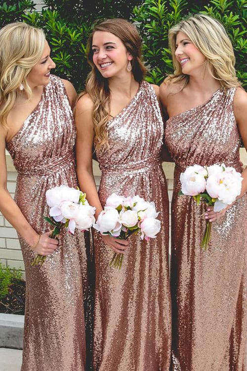 One Shoulder Rose Gold Sequins Bridesmaid Dress VMB39