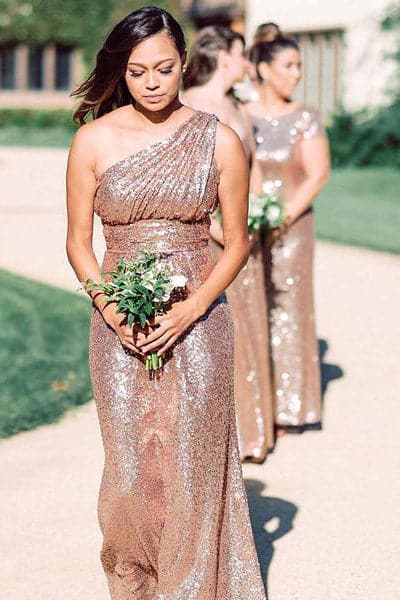 One Shoulder Rose Gold Sequins Bridesmaid Dress VMB39