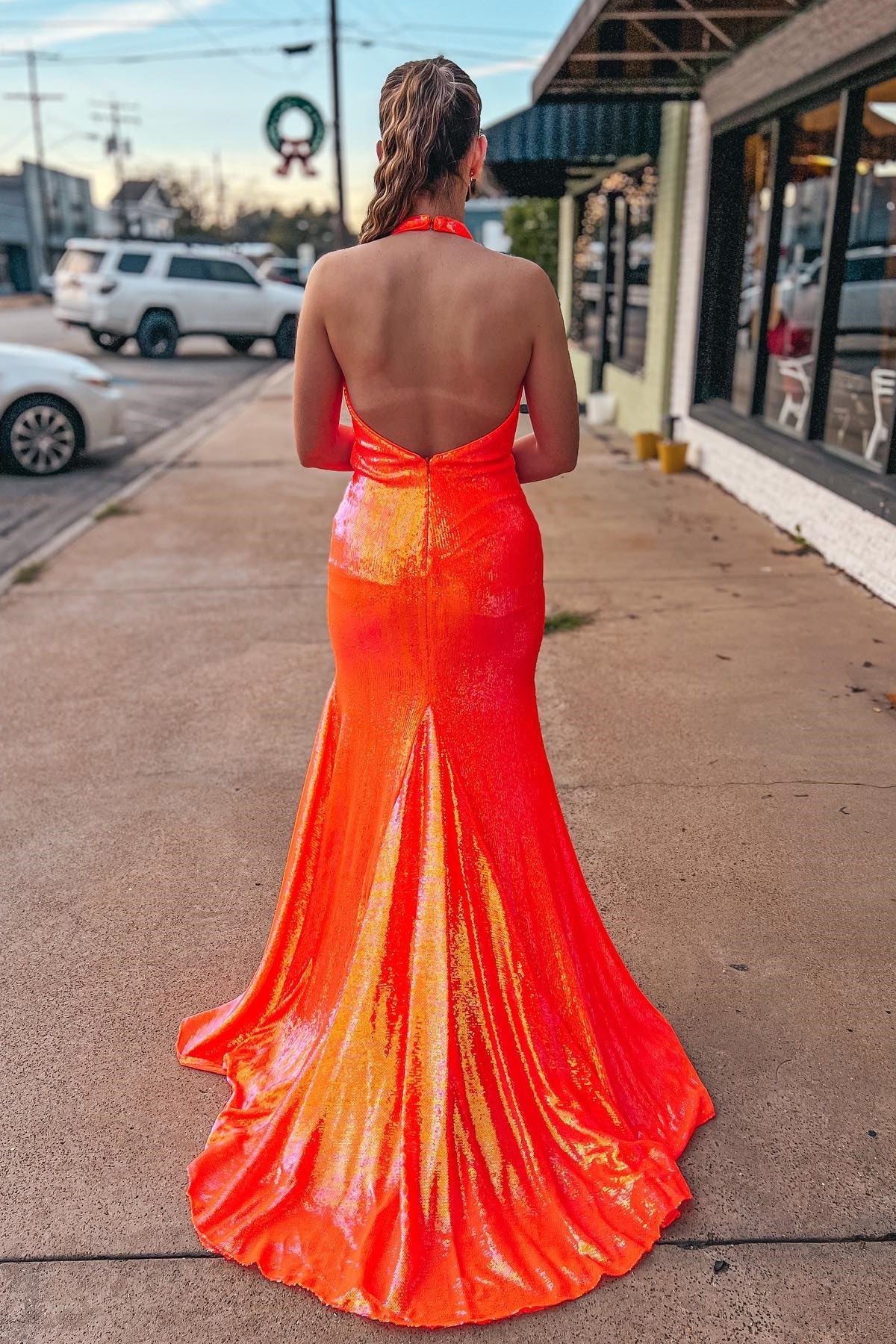 Orange Mermaid Halter Sequins Prom Dress VMP143