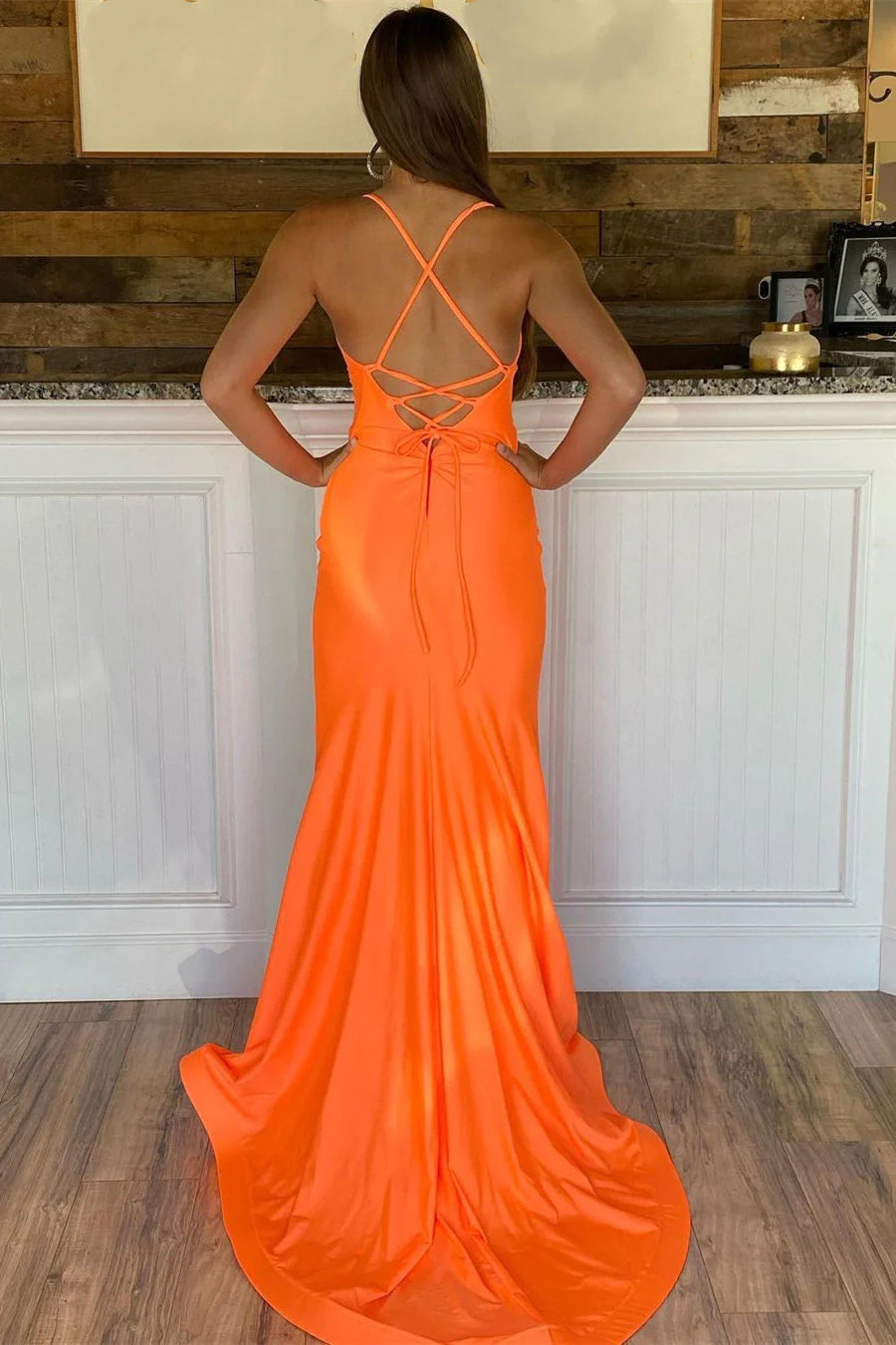 Orange Straps Satin Mermaid Long Prom Dress VMP102
