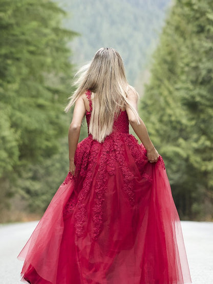 Robes de longueur de plancher en tulle appliqué VMP131