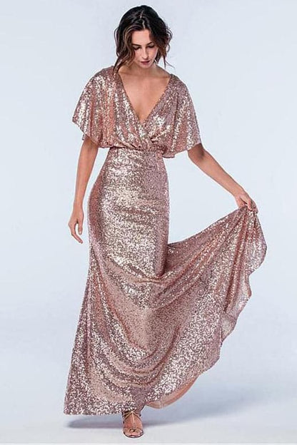 Rose Gold Sequins Bridesmaid Dress With Sleeves VMB43