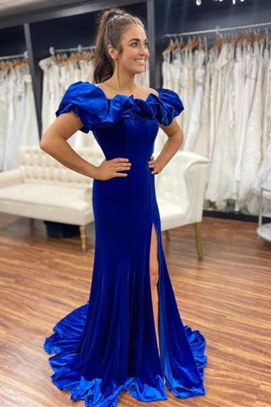 Off The Shoulder Royal Blue Formal Dress With Slit VMP95