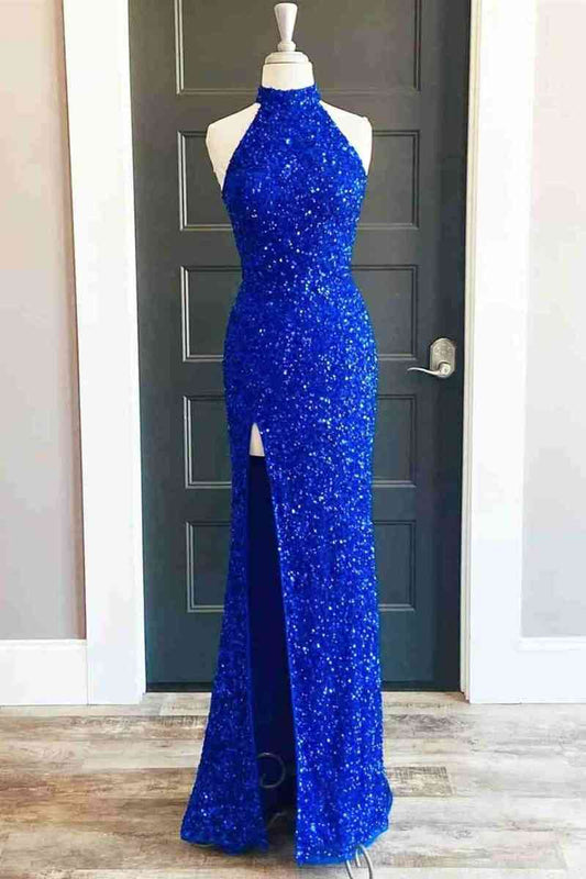 Robe de soirée longue bleu royal à paillettes et col haut avec fente VMP91