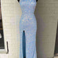 Sequins High Neck Royal Blue Long Party Dress With Slit VMP91