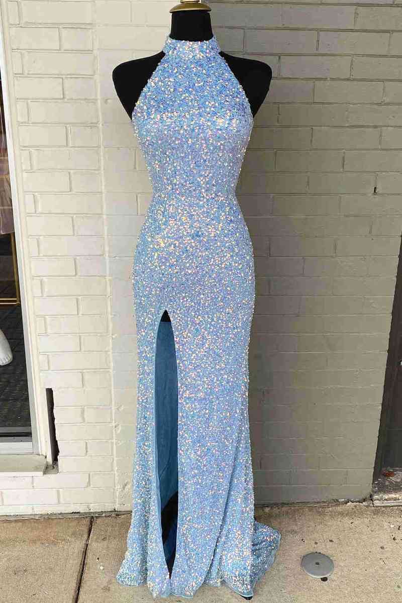 Sequins High Neck Royal Blue Long Party Dress With Slit VMP91