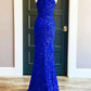 Sequins High Neck Royal Blue Long Party Dress With Slit VMP91