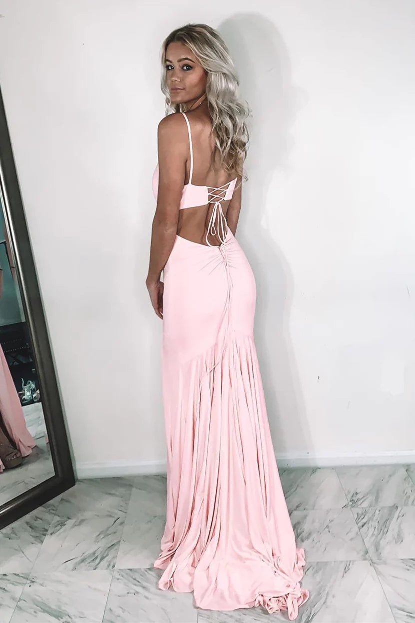 V Neck Mermaid Pink Prom Dress With Slit VMP108
