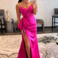 Off Shoulder Pink Satin Prom Dresses With Slit VMP90
