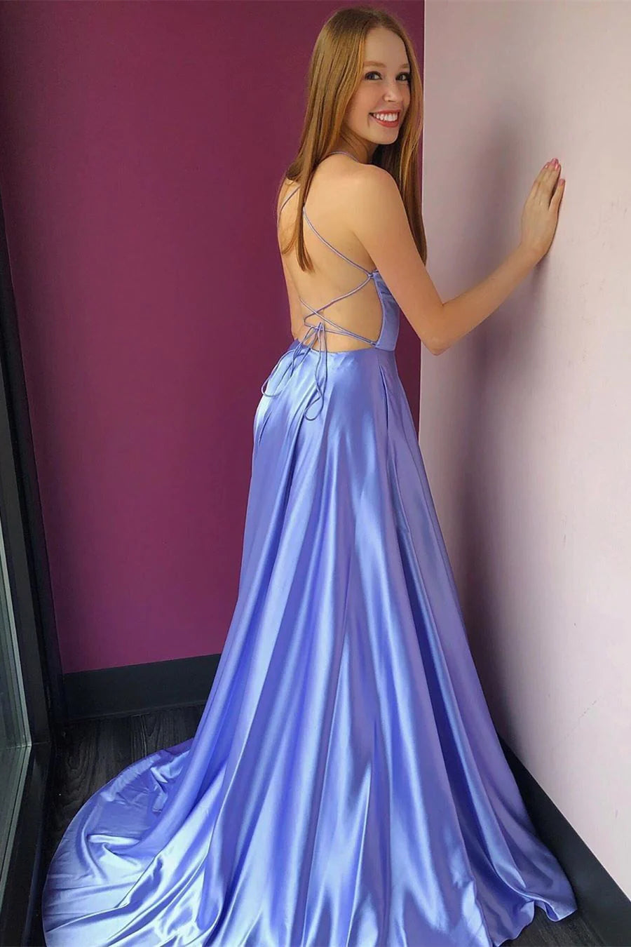 High Slit Lavender Prom Dress with Pockets VMP84