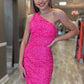 One Shoulder Hot Pink Tight Homecoming Dress VMH17