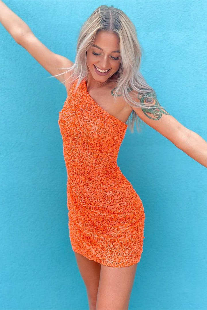 Orange One Shoulder Sequin Homecoming Dress