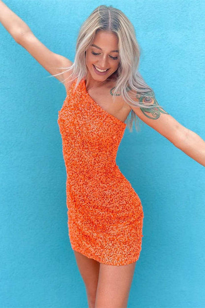 Orange One Shoulder Sequin Homecoming Dress