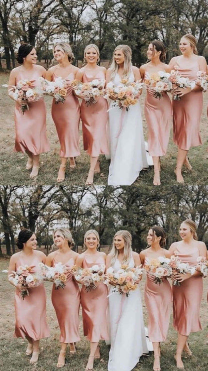Champagne Bridesmaid Dress Spaghetti Straps Tea Length VMB28
