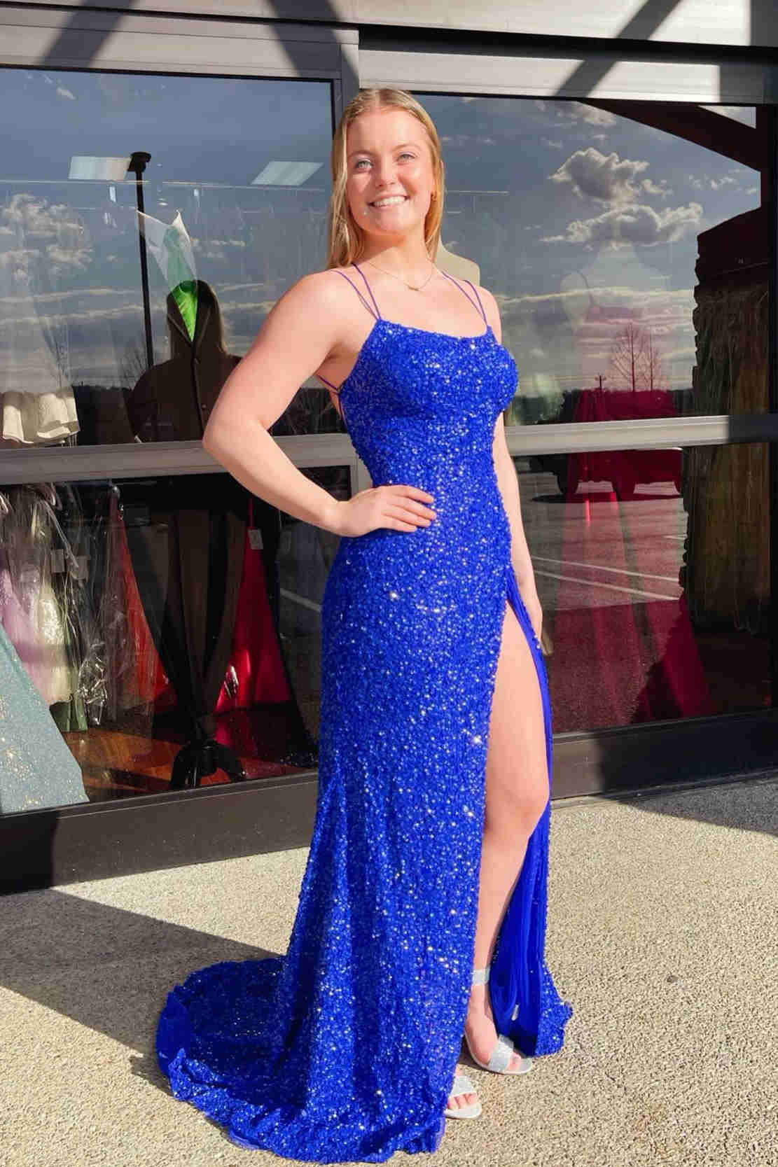 Sparkle Tiffany Blue Sequins Long Prom Dress With Slit VMP99