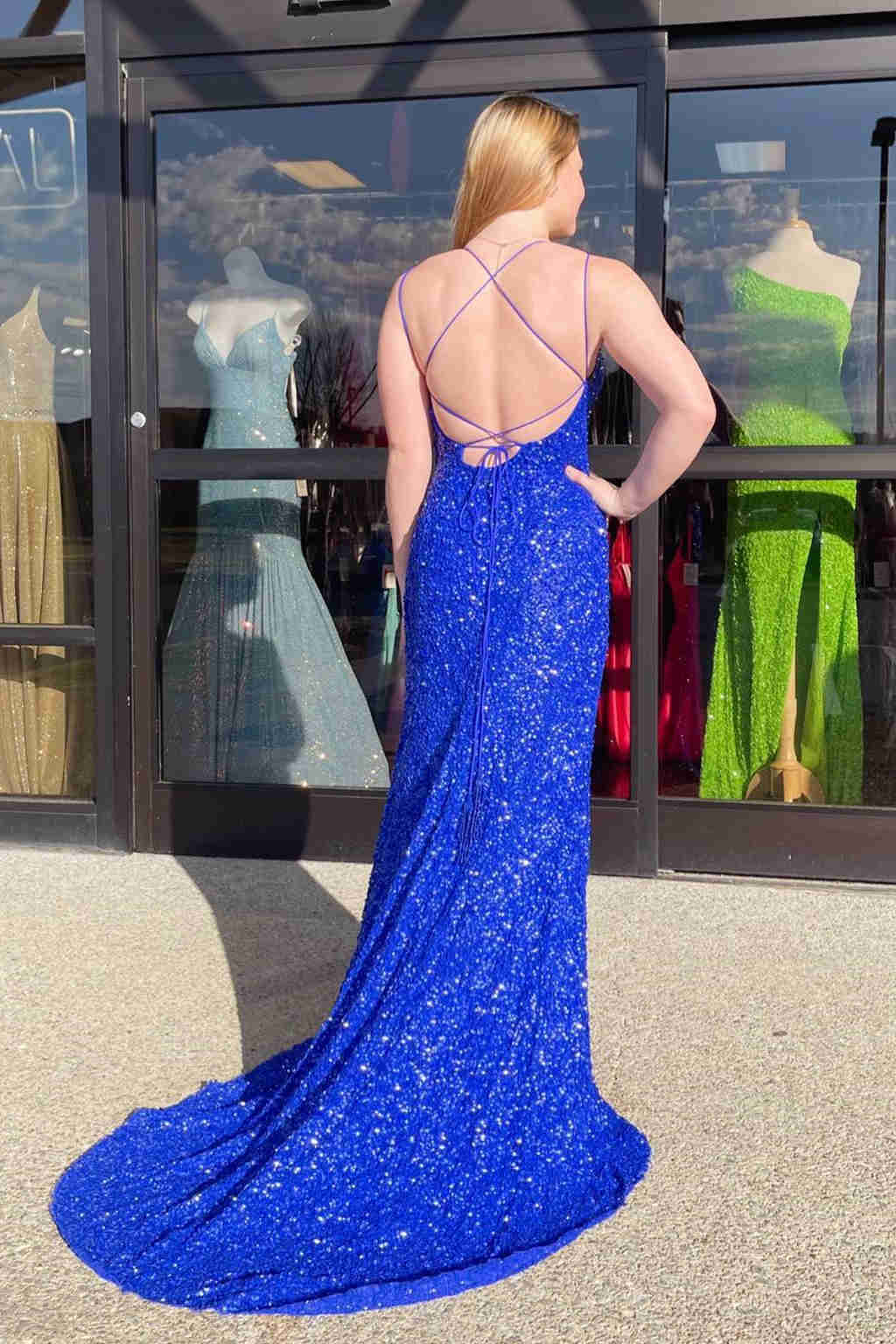 Sparkle Tiffany Blue Sequins Long Prom Dress With Slit VMP99