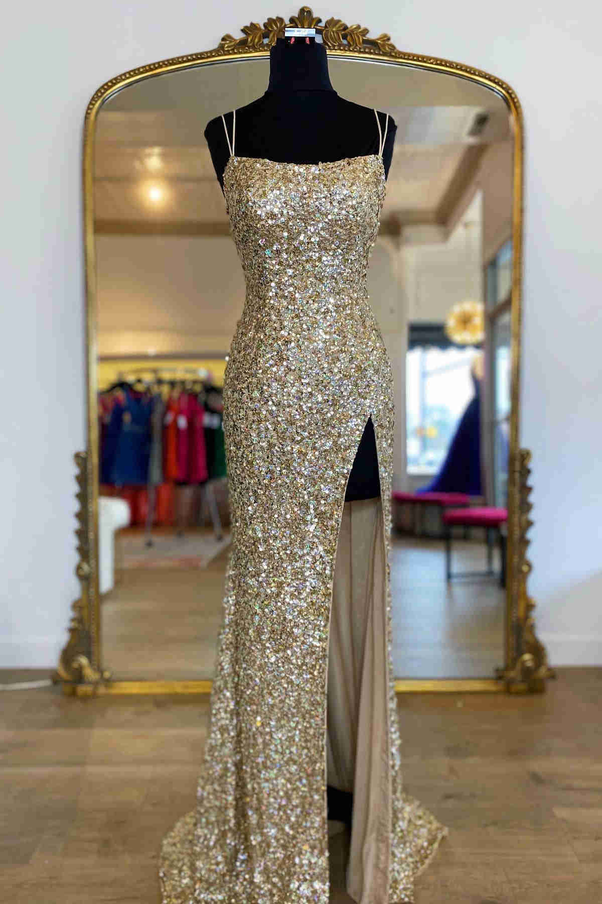 Sparkle Tiffany Blue Sequins Long Prom Dress With Slit VMP99