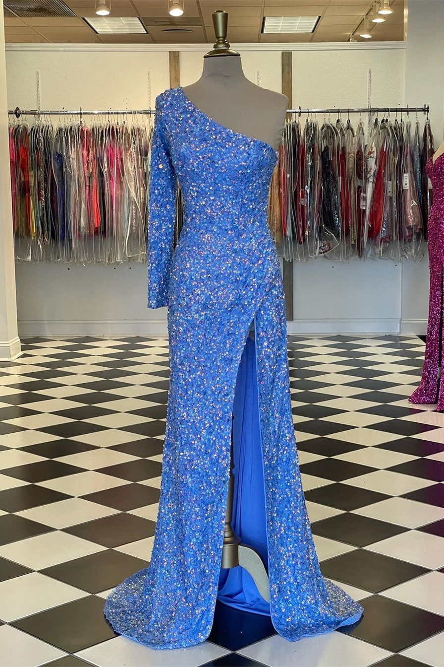 Sparkly Blue Sequind Long Sleeve Prom Dress VMP101