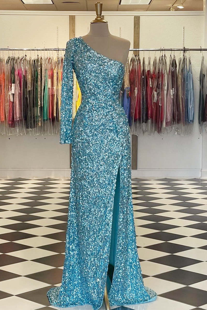 Sparkly Blue Sequind Long Sleeve Prom Dress VMP101