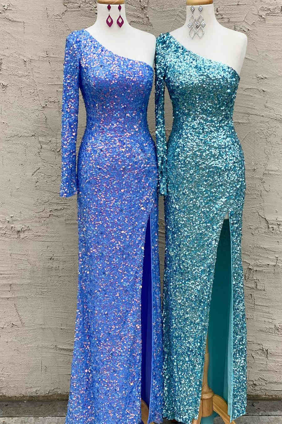Sparkly Blue Sequind Long Sleeve Prom Dress VMP101