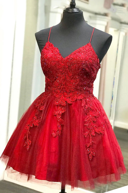 Lace Appliqued Red Short Homecoming Dress VMH22
